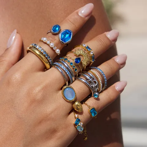 Anillos De Acero Inoxidable Para Mujer Oro Vintage Bohemio Ojo Turco Sol Luna Lapislázuli Piedra Natural Joyería