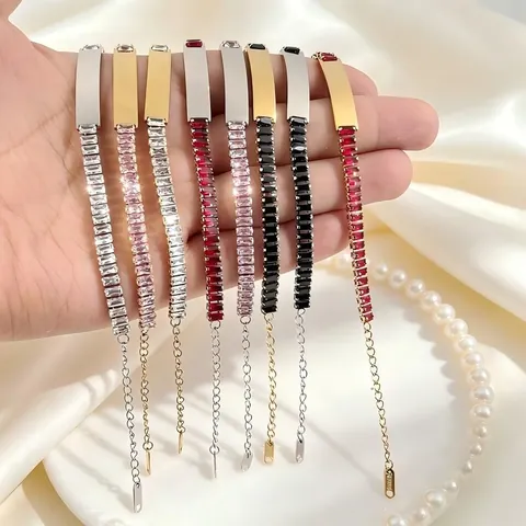 Minimalist Stainless Steel Rhinestone Bracelet For Women Luxury ID Bar Geometric Adjustable Link Chain Bracelet Jewelry