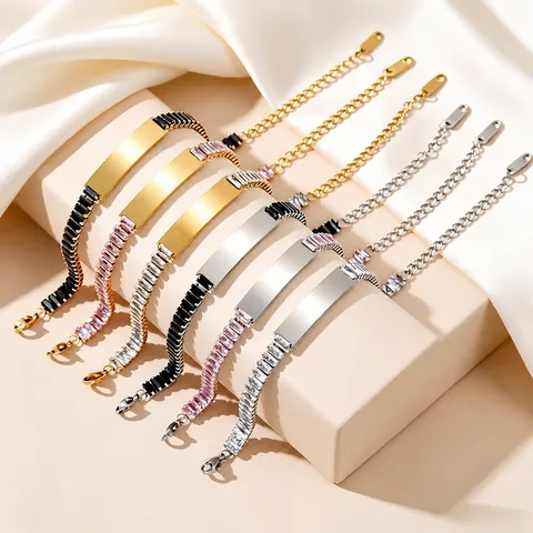 Minimalist Stainless Steel Rhinestone Bracelet For Women Luxury ID Bar Geometric Adjustable Link Chain Bracelet Jewelry
