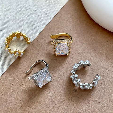 18K Verguld Zirconia Kunstparel Oorklem Voor Vrouwen Franse Vintage Bloem Geen Piercing Clip Oorbellen Luxe Sieraden