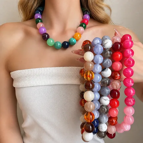 Dopamine Colorful Acrylic Beaded Necklace For Women Western Style Marble Pattern Large Round Beads Alloy Clavicle Chain