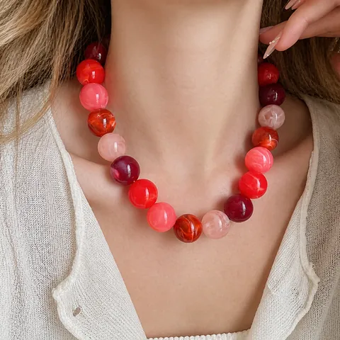 Dopamine Colorful Acrylic Beaded Necklace For Women Western Style Marble Pattern Large Round Beads Alloy Clavicle Chain