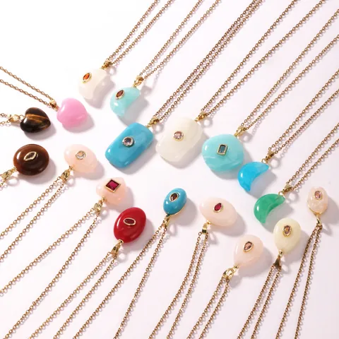 Vintage Resin Geometric Pendant Necklace Stainless Steel Gold Plated Zirconia Link Chain For Women Retro Jewelry Gift