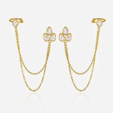 Fashion Integrated Tassel Ear Stud And Cuff Earrings For Women Stainless Steel Water Drop Zirconia Luxury Jewelry