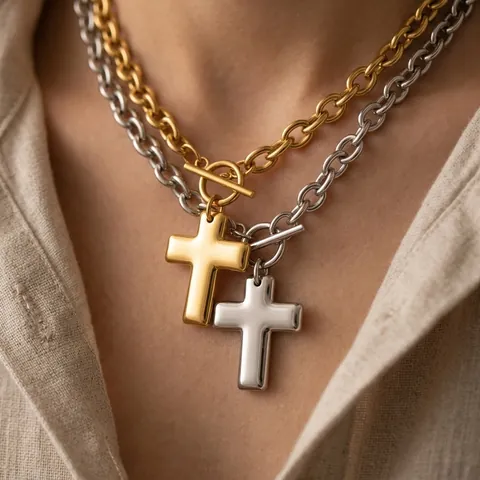 Stainless Steel Cross Pendant Necklace 18K Gold Plated Toggle Clasp Chunky Chain Minimalist Jewelry For Women Waterproof