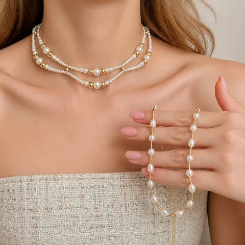 Franse Vintage Kunstparelketting Koper Goud Strass Chokerketting Niche Lichte Luxe Sleutelbeenketing Voor Dames