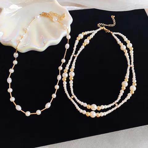 Franse Vintage Kunstparelketting Koper Goud Strass Chokerketting Niche Lichte Luxe Sleutelbeenketing Voor Dames