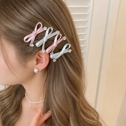 Zoete Japanse Koreaanse Stijl Strik Haarclip Roze Blauw Satijnen Lint Strass Ster Zijclip Elegante Haaraccessoires