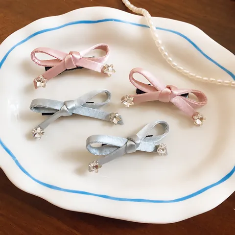 Zoete Japanse Koreaanse Stijl Strik Haarclip Roze Blauw Satijnen Lint Strass Ster Zijclip Elegante Haaraccessoires