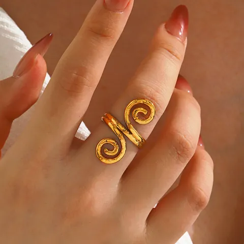 Vintage Edelstahl Doppelspirale Gehämmerter Offener Ring für Damen Künstlerische Textur Geometrischer Verstellbarer Ring