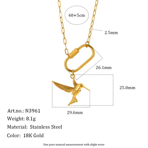 Collier Pendentif Colibri en Acier Inoxydable Avec Fermoir à Vis Mousqueton Plaqué Or Dix-Huit K Bijoux de Niche Femme