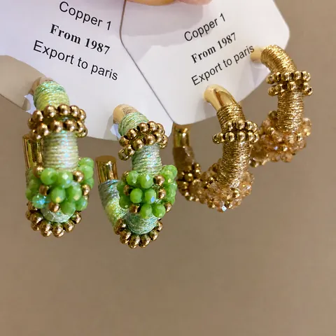 Pendientes de Botón Étnicos Vintage en Forma de C para Mujer Diseño de Cuerda Tejida Poste de Plata de Ley 925 Cuentas de Vidrio