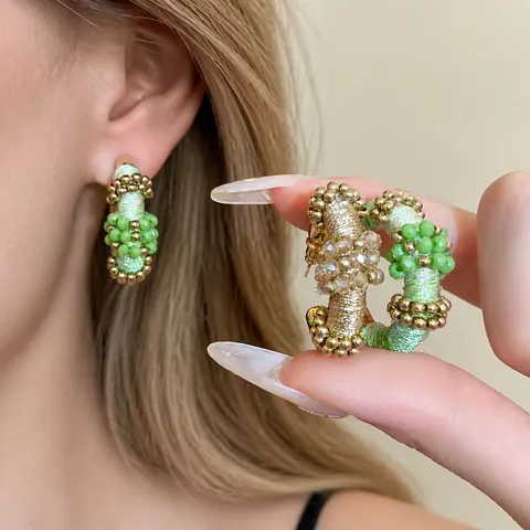 Pendientes de Botón Étnicos Vintage en Forma de C para Mujer Diseño de Cuerda Tejida Poste de Plata de Ley 925 Cuentas de Vidrio