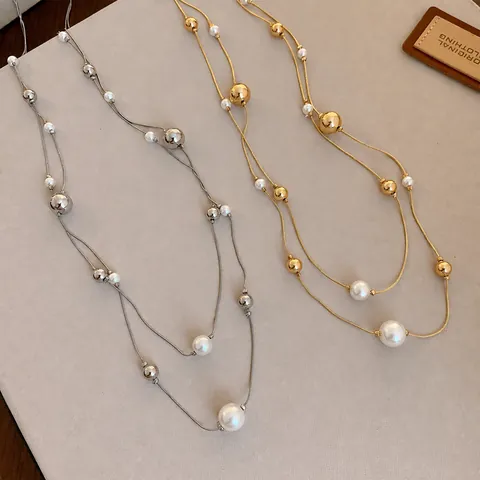 Collar de Doble Capa de Perlas Artificiales Francés para Mujer Colgante de Cuentas de Cobre Elegante Cadena Larga para Suéter Joyería Regalo