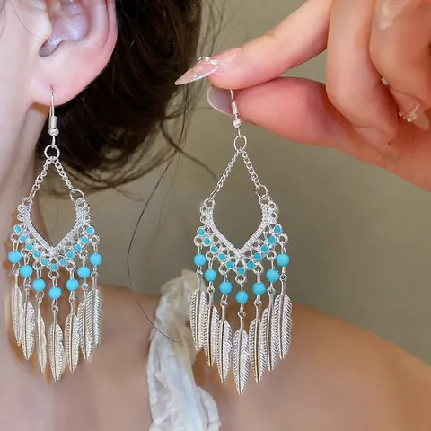 Bohemian Vintage Hollow Geometric Feather Tassel Earrings For Women Alloy Acrylic Blue Bead Ethnic Steel Post Jewelry