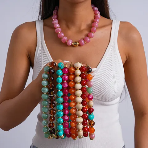 Collana a Perline Marmorizzate in Acrilico Vintage in Stile Europeo per Donna Ciondolo Quadrato in Lega Geometrica Girocollo Esagerato Gioielli