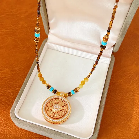 Nieuwe Chinese Stijl Tijgeroog Turkoois Kralen Hanger Ketting Koper 24k Verguld Bloem Zirconia Trui Ketting Vrouwen