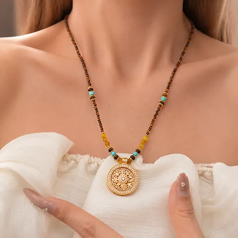 Nieuwe Chinese Stijl Tijgeroog Turkoois Kralen Hanger Ketting Koper 24k Verguld Bloem Zirconia Trui Ketting Vrouwen