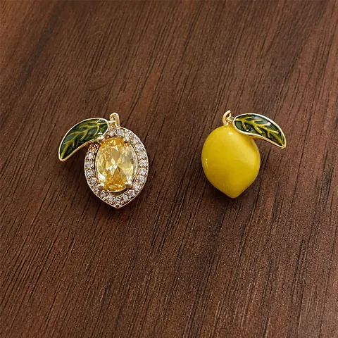 Luxury 14K Gold Plated Copper Lemon Stud Earrings With Silver Earring Post Yellow Drip Oil Rhinestone Fruit Jewelry Women