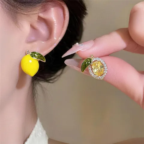 Luxury 14K Gold Plated Copper Lemon Stud Earrings With Silver Earring Post Yellow Drip Oil Rhinestone Fruit Jewelry Women