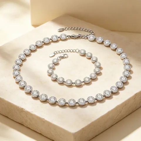 Parure de Bijoux Collier et Bracelet en Acier Titane avec Strass Halo Design Rond de Luxe pour Femme Cadeau de Fête