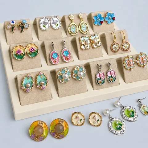 Vintage Monet Garden Silver Earring Post Enamel Flower Water Drop Artificial Pearl Earrings Elegant Fashion Stud Earrings For Women Jewelry Gift