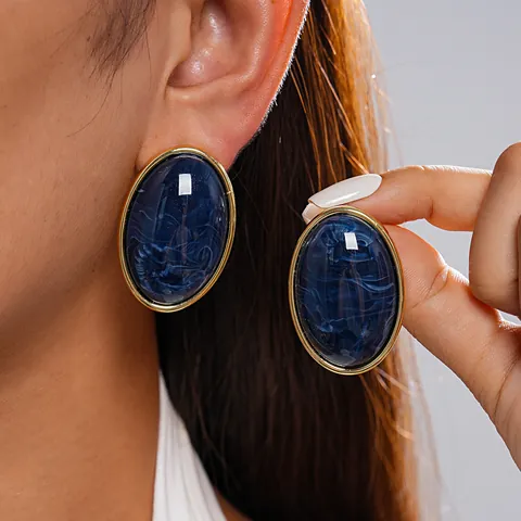 Vintage Geometric Oval Acrylic Marbled Stud Earrings Gold Plated Edge Fashion Jewelry With Silver Earring Post For Women