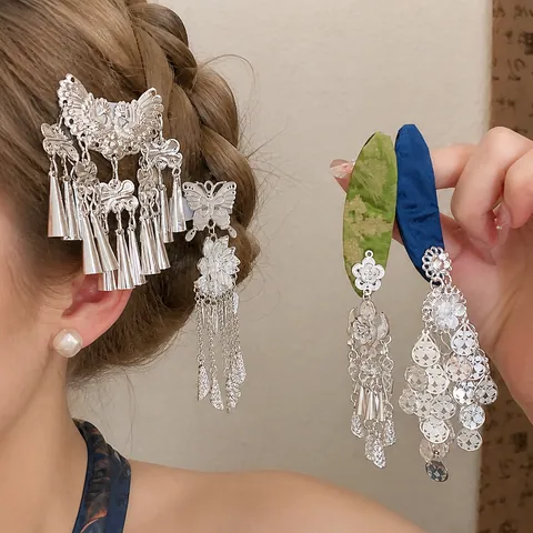 Vintage Chinese Style Fabric Iron Tassel Hair Clip Blue Flower Butterfly Hollow Out Hairpin Hanfu Hair Accessories For Women