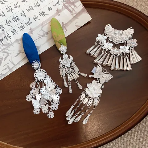 Vintage Chinese Style Fabric Iron Tassel Hair Clip Blue Flower Butterfly Hollow Out Hairpin Hanfu Hair Accessories For Women