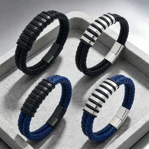 Titanium Steel Braided Microfiber Leather Bracelet For Men Techwear Industrial Style Layered Double Row Biker Cuff Jewelry