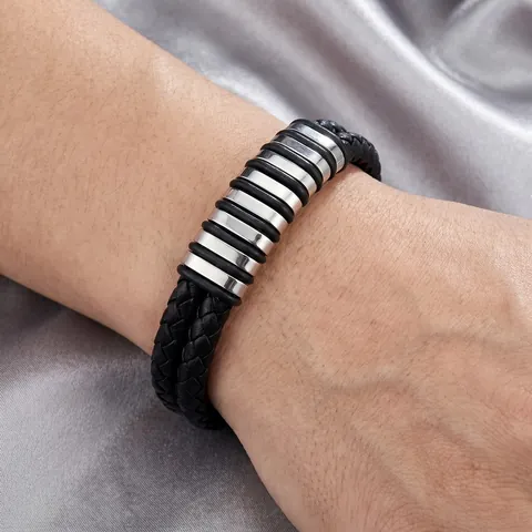 Titanium Steel Braided Microfiber Leather Bracelet For Men Techwear Industrial Style Layered Double Row Biker Cuff Jewelry
