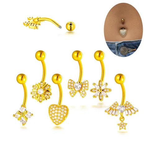 Piercing para el Ombligo de Acero Inoxidable con Corazón Lazo Alas de ángel para Mujer Diamantes de Imitación Joyas para Piercings Oro Plata