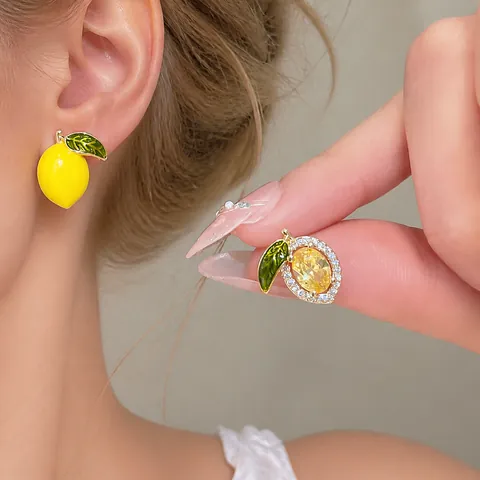 14K Gold Plated Asymmetric Lemon Stud Earrings With 925 Sterling Silver Post Yellow Zircon Enamel Fruit Earring For Women