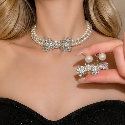 Juego de Joyas Vintage Francés con Collar y Pendientes de Lazo Perla Artificial Strass Lujo Ligero Poste de Plata Mujer