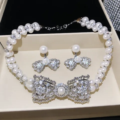 Juego de Joyas Vintage Francés con Collar y Pendientes de Lazo Perla Artificial Strass Lujo Ligero Poste de Plata Mujer