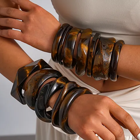 Vintage Western Resin Marble Pattern Square Geometric Bracelet Antique Fashion Amber Dyeing Chunky Bangle For Women Jewelry