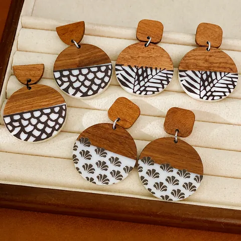 Vintage Ethnic Style Wooden Resin Splice Round Stud Earrings For Women Handmade Plant Print Geometry Jewelry Gift