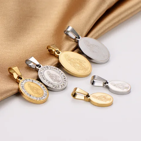 Vintage 18K Gold Plated Stainless Steel Oval Portrait Medallion Pendant Without Chain Rhinestone Virgin Mary Religious Jewelry