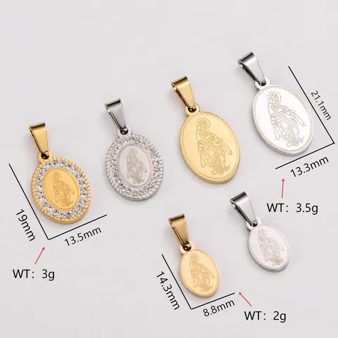 Vintage 18K Gold Plated Stainless Steel Oval Portrait Medallion Pendant Without Chain Rhinestone Virgin Mary Religious Jewelry