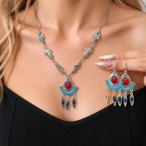 Böhmischer Retro Legierung Harz Quaste Schmuck Für Damen Ethno Rund Wassertropfen Anhänger Halskette Haarnadel Ohrringe Set
