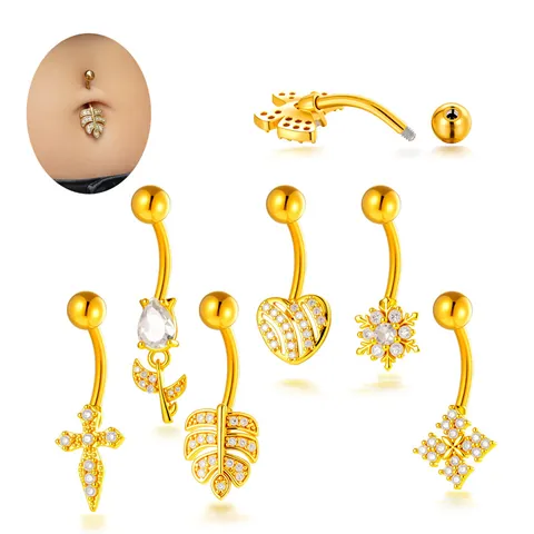 Stainless Steel Copper Inlaid Zirconia Belly Button Ring Heart Leaf Cross Snowflake Body Piercing Jewelry For Women Men