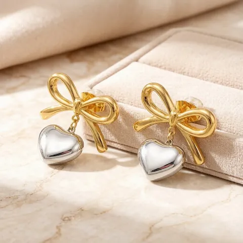 Stainless Steel Bow Heart Stud Earrings For Women Sweet Bowknot Heart Pendant Drop Earrings Fashion Versatile Jewelry