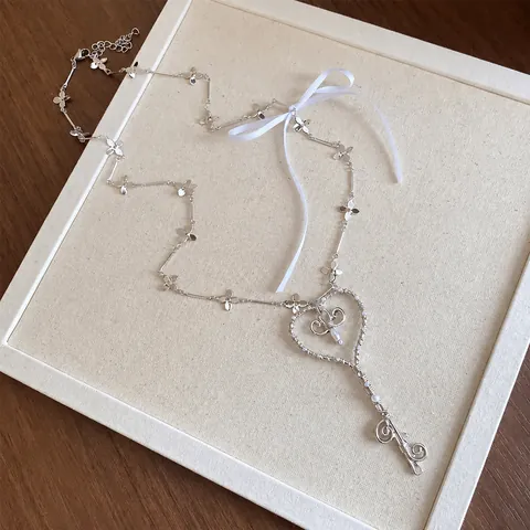 Franse Balletcore Hart Sleutel Hanger Halsketting Kunstparel Strik Bloemketting Zilver Sleutelbeenketting Romantische Sieraden