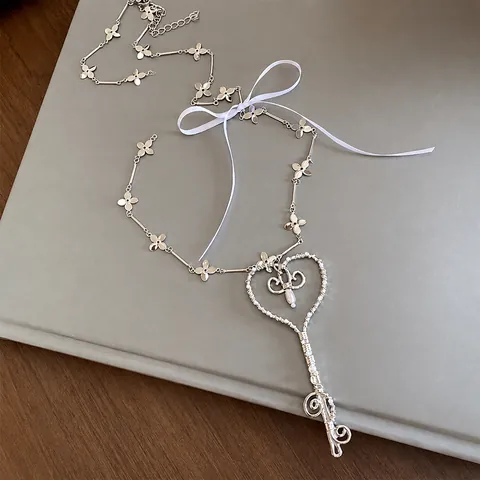 Franse Balletcore Hart Sleutel Hanger Halsketting Kunstparel Strik Bloemketting Zilver Sleutelbeenketting Romantische Sieraden