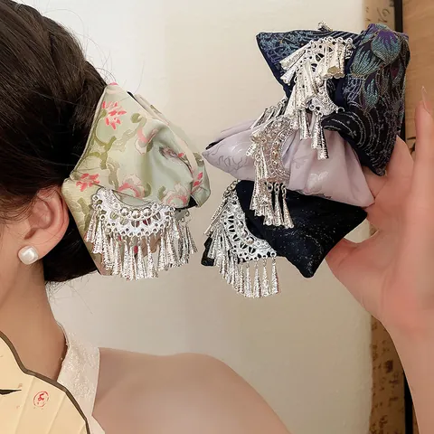 New Chinese Style Ethnic Embroidery Fabric Tassel Triangle Hair Claw Clip Hanfu Cheongsam Accessory For Women Girls Gift