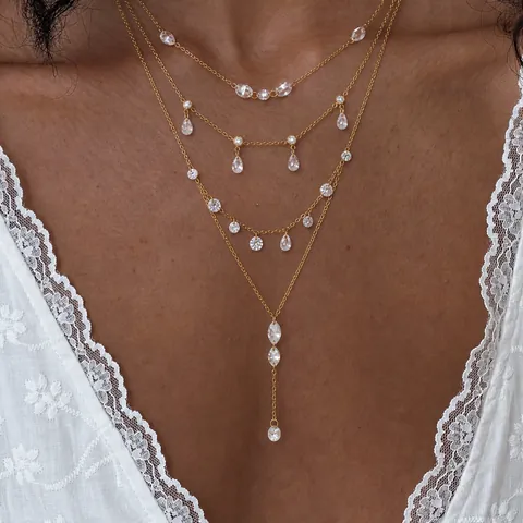 Stainless Steel Zirconia Necklace For Women Waterproof Hypoallergenic Light Luxury Waterdrop Pendant Clavicle Chain Jewelry