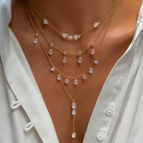 Stainless Steel Zirconia Necklace For Women Waterproof Hypoallergenic Light Luxury Waterdrop Pendant Clavicle Chain Jewelry