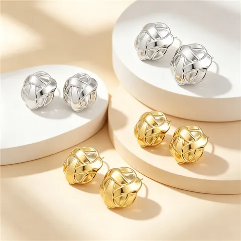 Stainless Steel Diamond Grid Button Stud Earrings Gold Silver Two Tone Geometric Woven Texture Vintage Luxury Women Jewelry