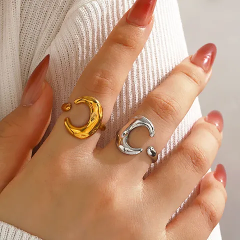 Minimalist Stainless Steel Crescent Moon Open Ring For Women Adjustable Textured Gold Silver Fashion Jewelry Finger Ring