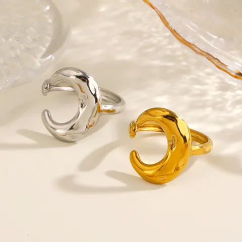 Minimalist Stainless Steel Crescent Moon Open Ring For Women Adjustable Textured Gold Silver Fashion Jewelry Finger Ring
